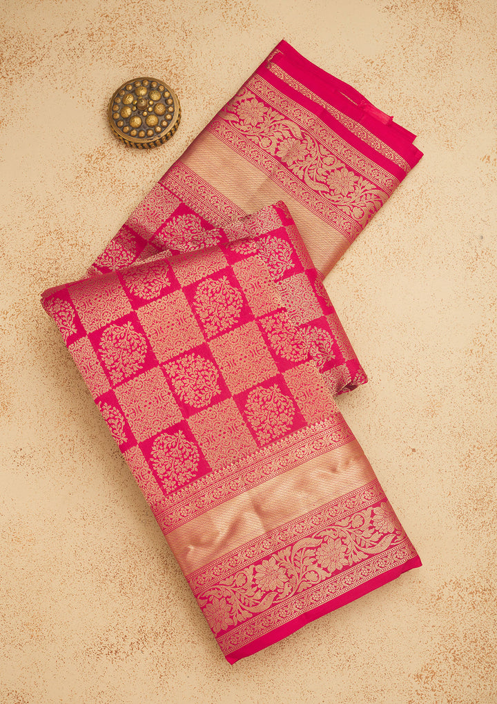 Rani Pink Pure Silk Jaal Zariwork Saree With Matching Blouse Piece