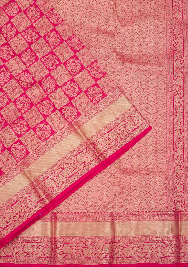 Rani Pink Pure Silk Jaal Zariwork Saree With Matching Blouse Piece