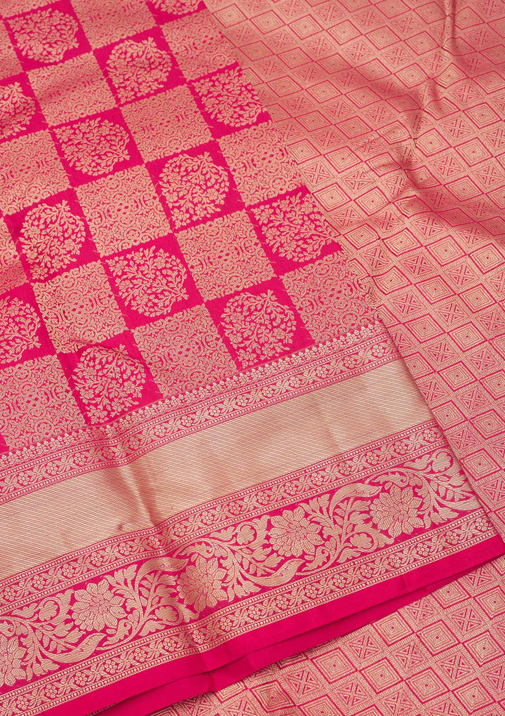 Rani Pink Pure Silk Jaal Zariwork Saree With Matching Blouse Piece