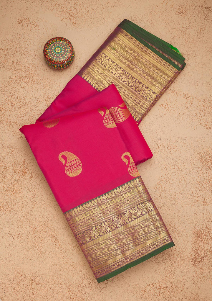 Rani Pink Silk Buti Gold Zariwork Saree With Matching Blouse Piece
