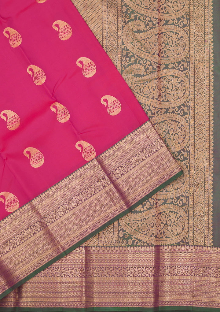 Rani Pink Silk Buti Gold Zariwork Saree With Matching Blouse Piece