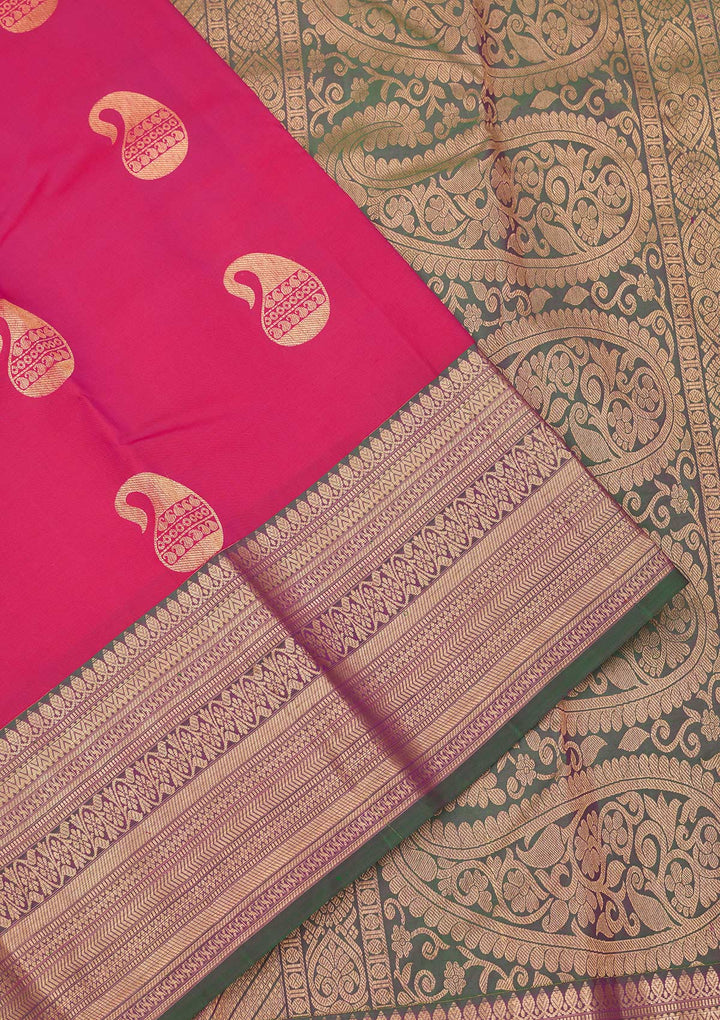 Rani Pink Silk Buti Gold Zariwork Saree With Matching Blouse Piece