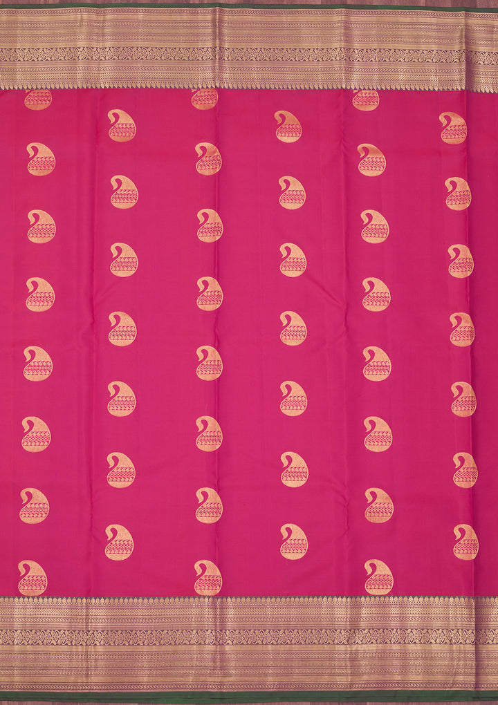 Rani Pink Silk Buti Gold Zariwork Saree With Matching Blouse Piece