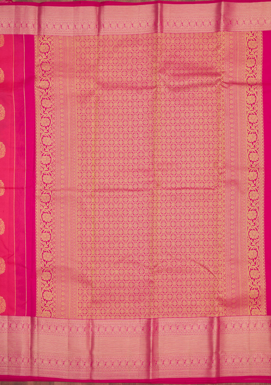 Rani Pink Silk Buti Gold Zariwork Saree With Matching Blouse Piece