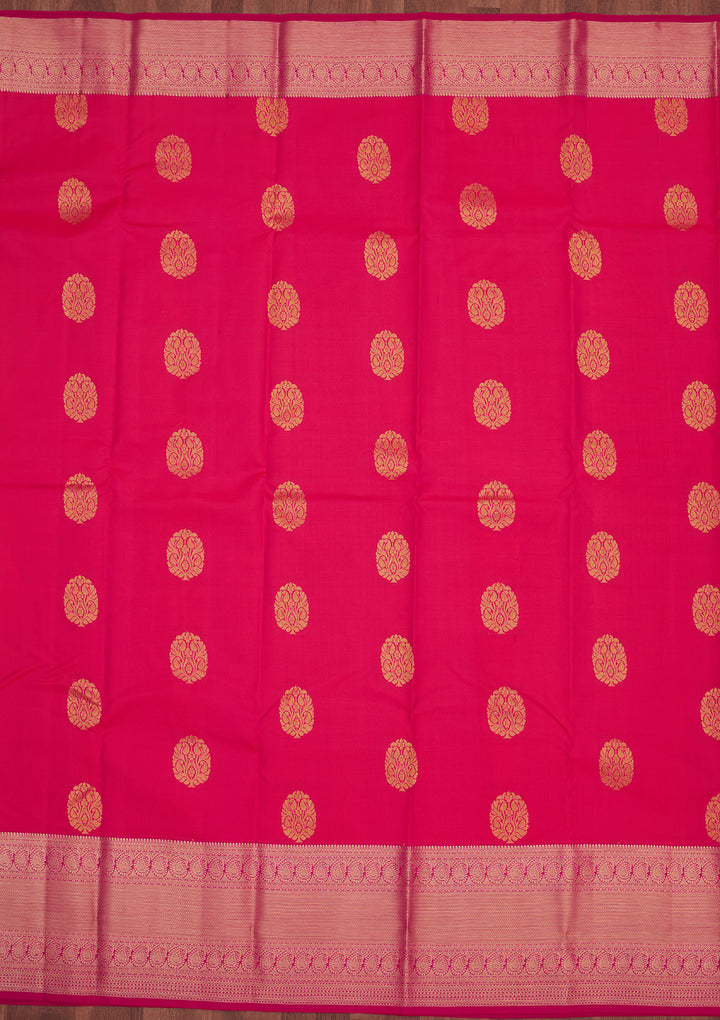 Rani Pink Silk Buti Gold Zariwork Saree With Matching Blouse Piece