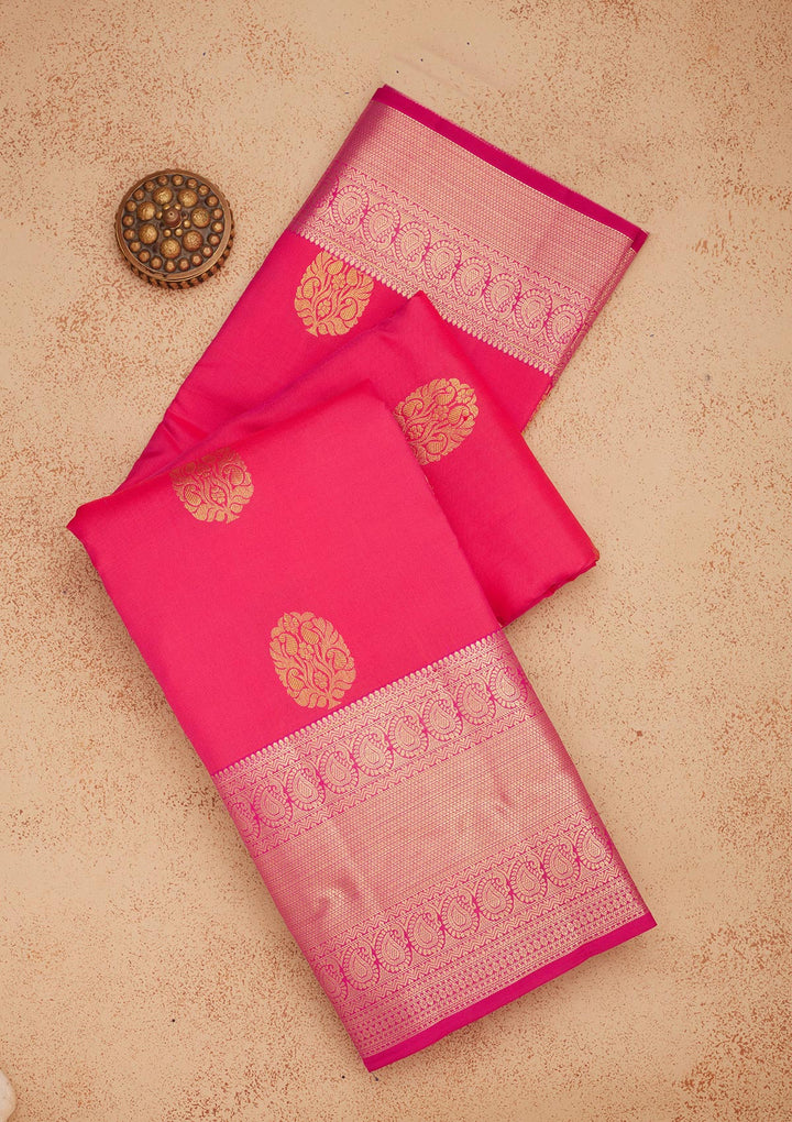 Rani Pink Silk Buti Gold Zariwork Saree With Matching Blouse Piece