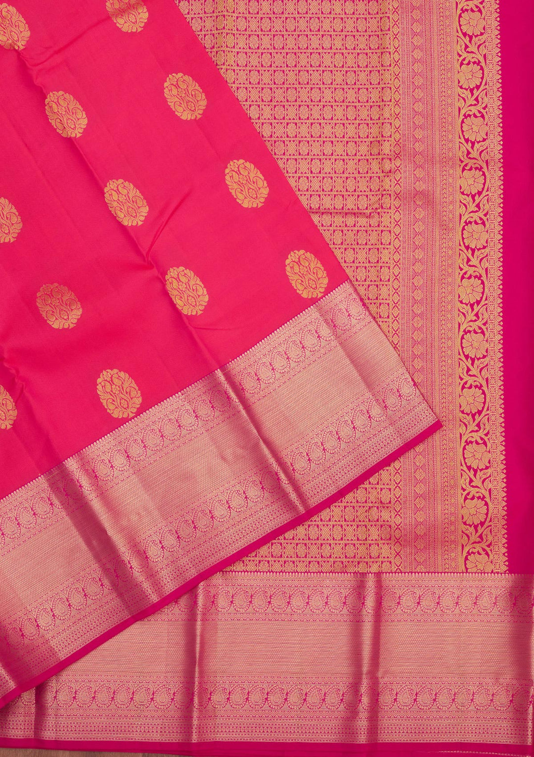 Rani Pink Silk Buti Gold Zariwork Saree With Matching Blouse Piece