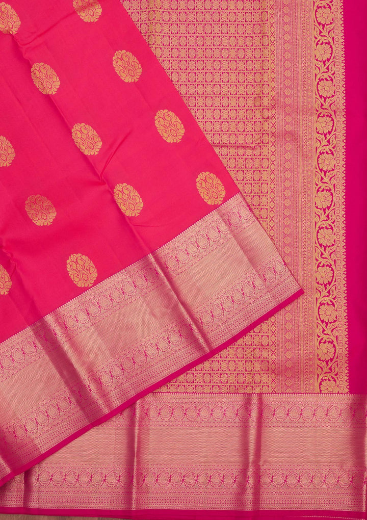 Rani Pink Silk Buti Gold Zariwork Saree With Matching Blouse Piece
