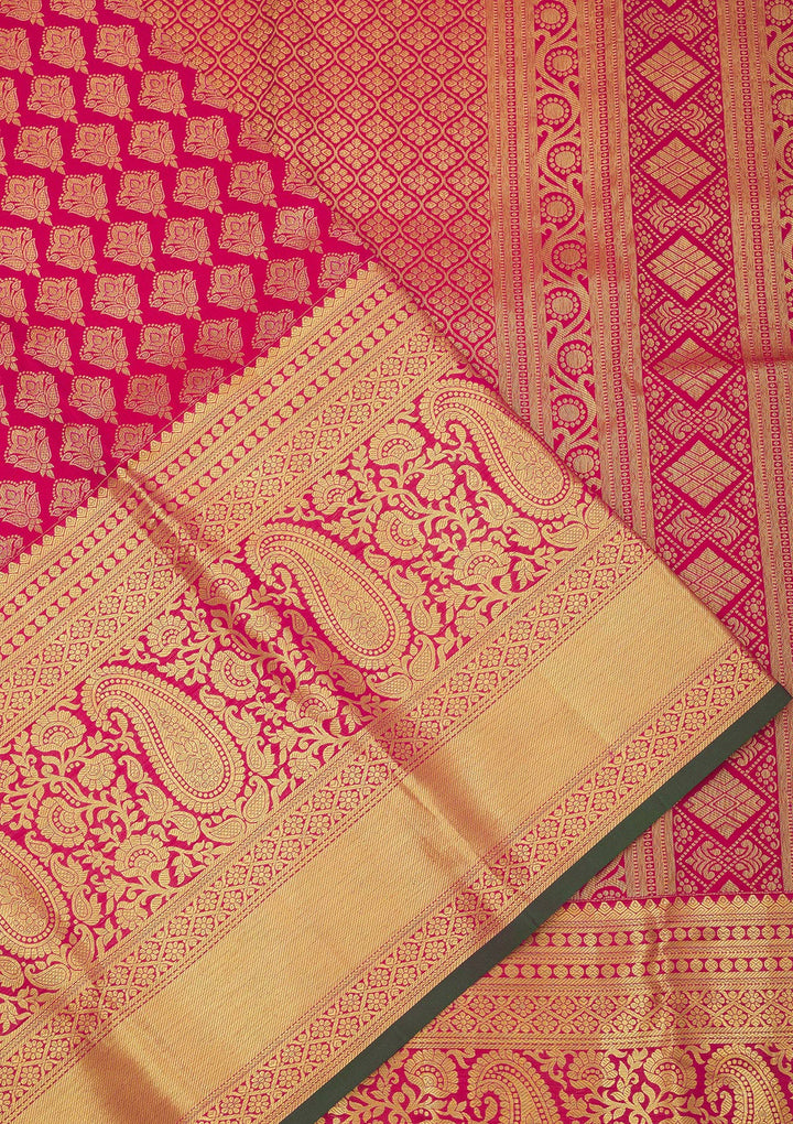 Rani Pink Silk Jaal Gold Zariwork Saree With Matching Blouse Piece