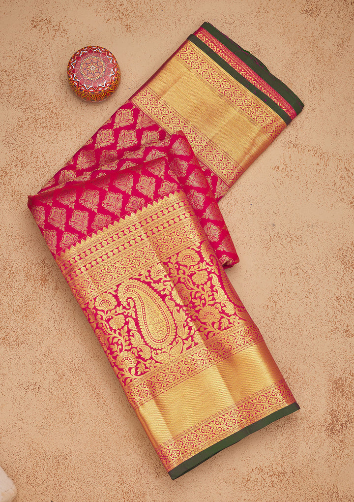 Rani Pink Silk Jaal Gold Zariwork Saree With Matching Blouse Piece