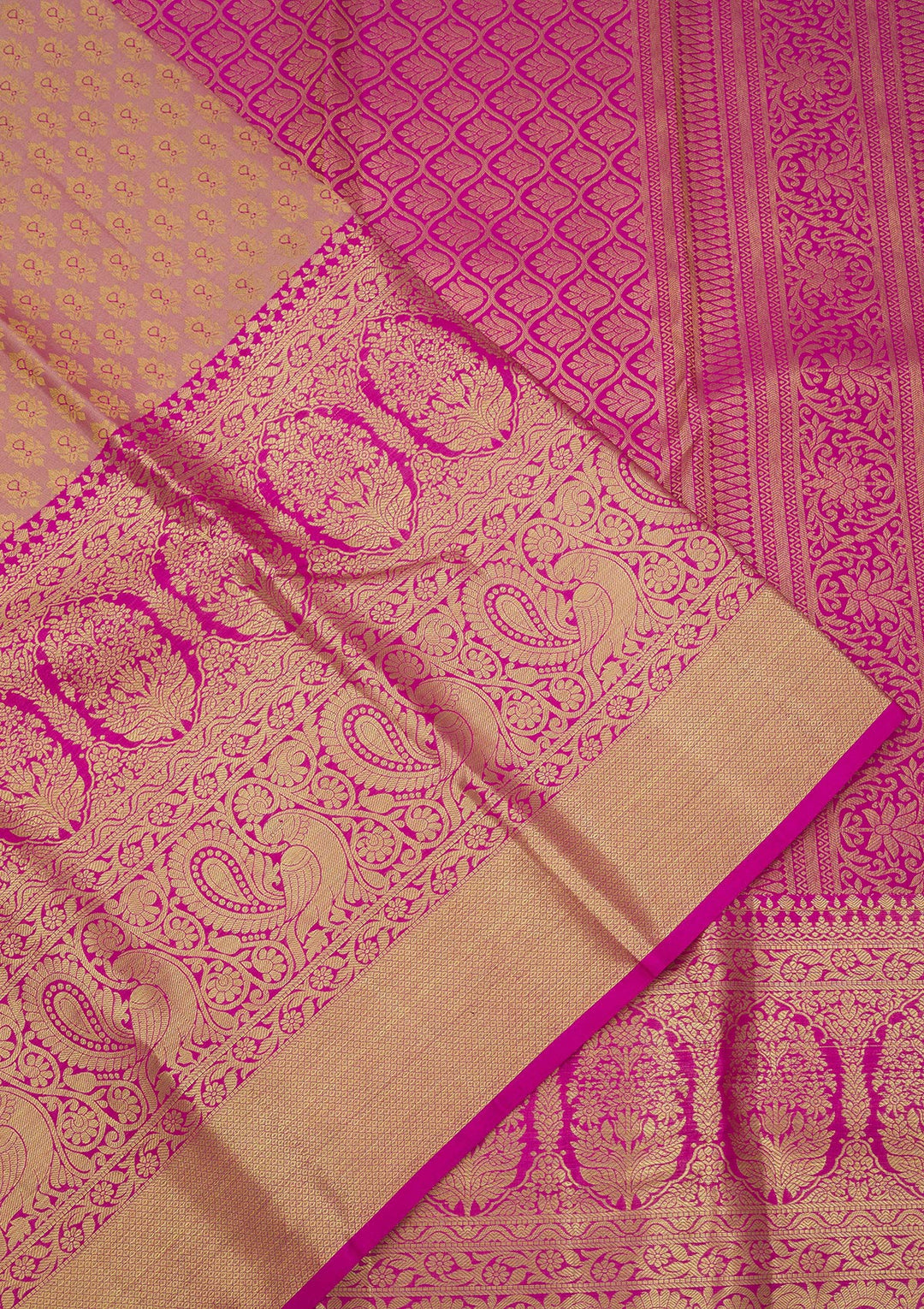Rani Pink Silk Jaal Gold Zariwork Saree With Matching Blouse Piece