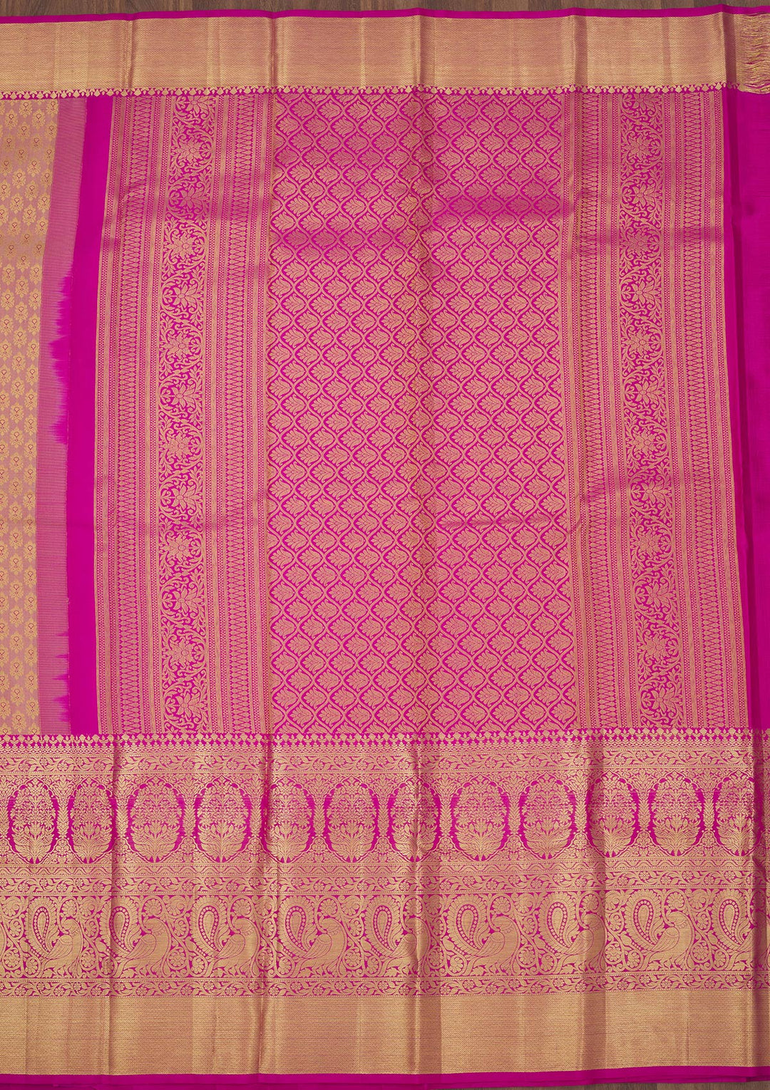 Rani Pink Silk Jaal Gold Zariwork Saree With Matching Blouse Piece