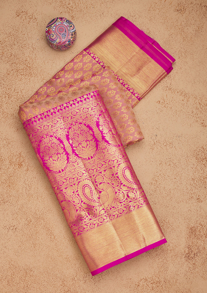 Rani Pink Silk Jaal Gold Zariwork Saree With Matching Blouse Piece