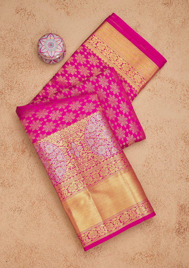 Rani Pink Silk Jaal Gold Zariwork Saree With Matching Blouse Piece