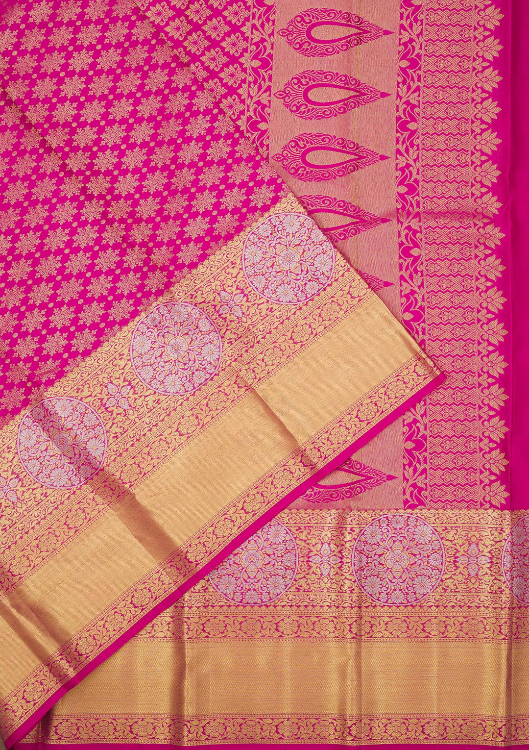 Rani Pink Silk Jaal Gold Zariwork Saree With Matching Blouse Piece