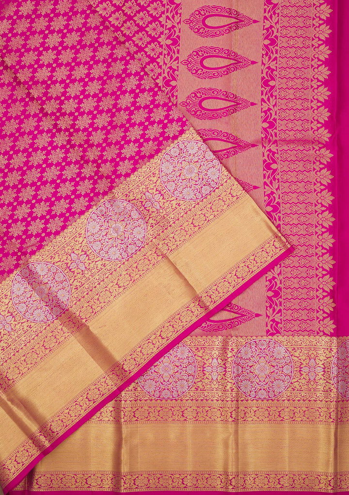 Rani Pink Silk Jaal Gold Zariwork Saree With Matching Blouse Piece