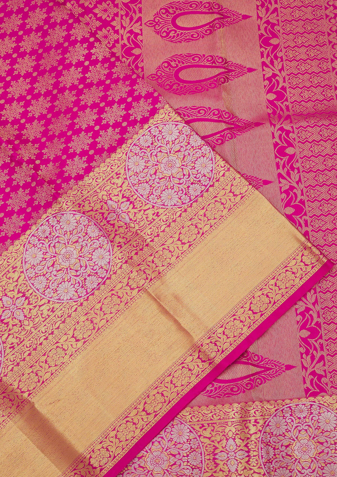 Rani Pink Silk Jaal Gold Zariwork Saree With Matching Blouse Piece