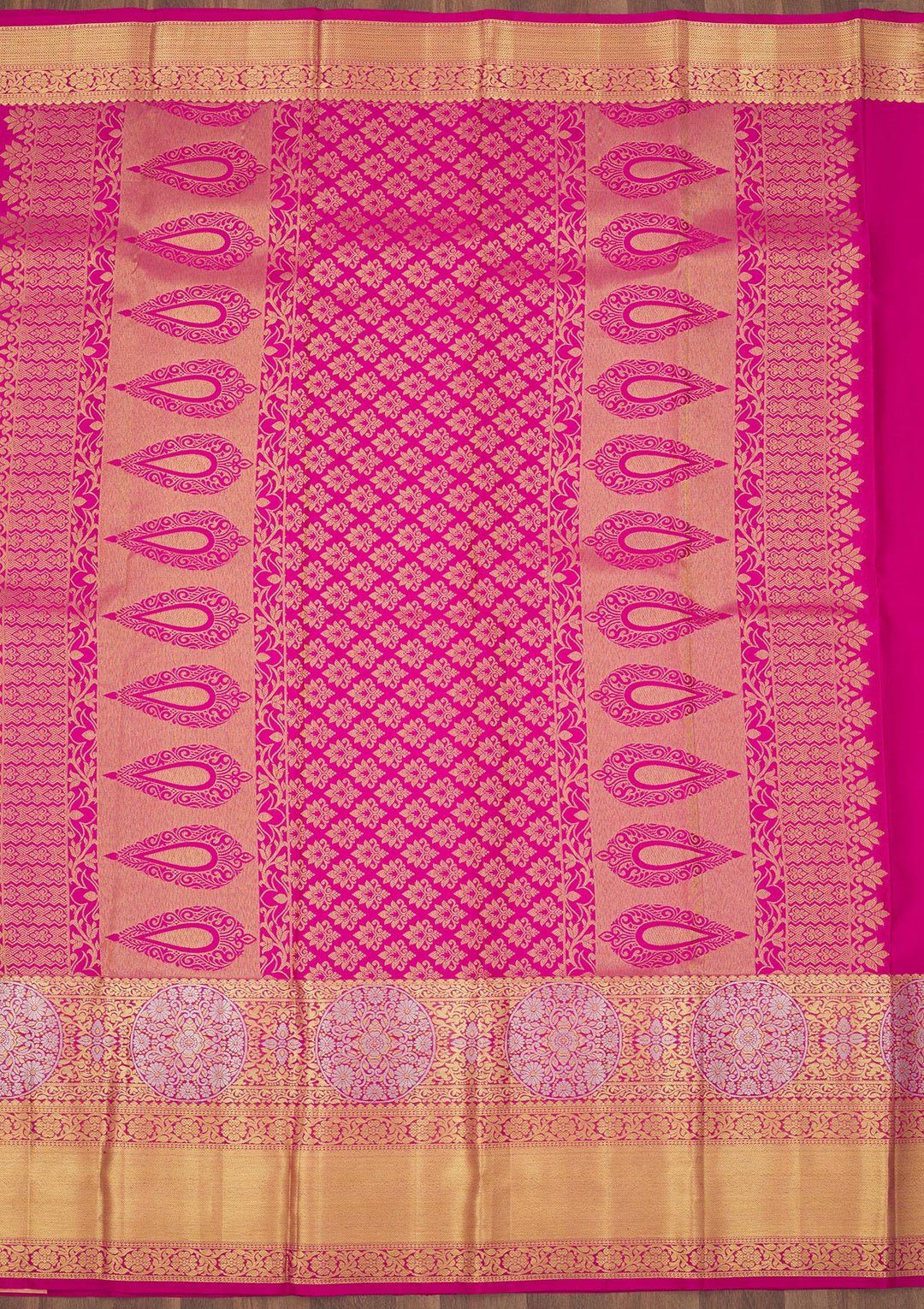 Rani Pink Silk Jaal Gold Zariwork Saree With Matching Blouse Piece