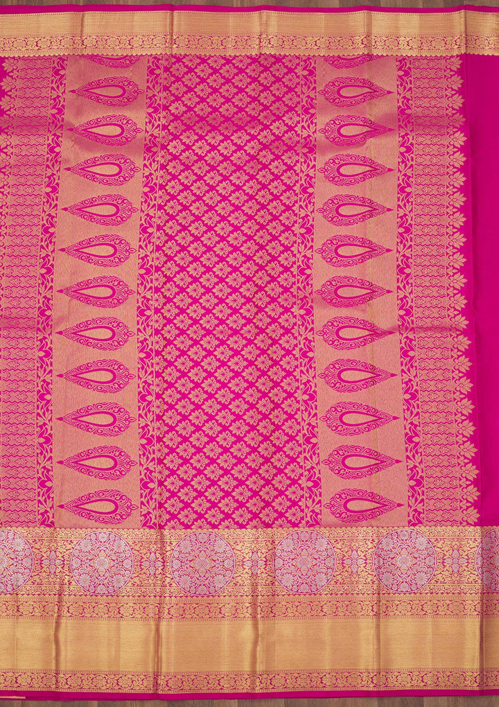 Rani Pink Silk Jaal Gold Zariwork Saree With Matching Blouse Piece
