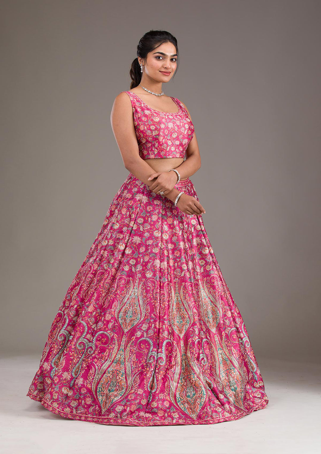 Rani Pink Silver Zariwork Banarasi Readymade Lehenga