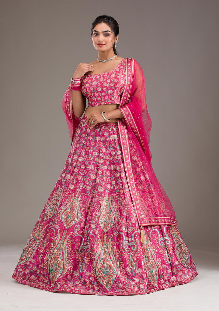 Rani Pink Silver Zariwork Banarasi Readymade Lehenga