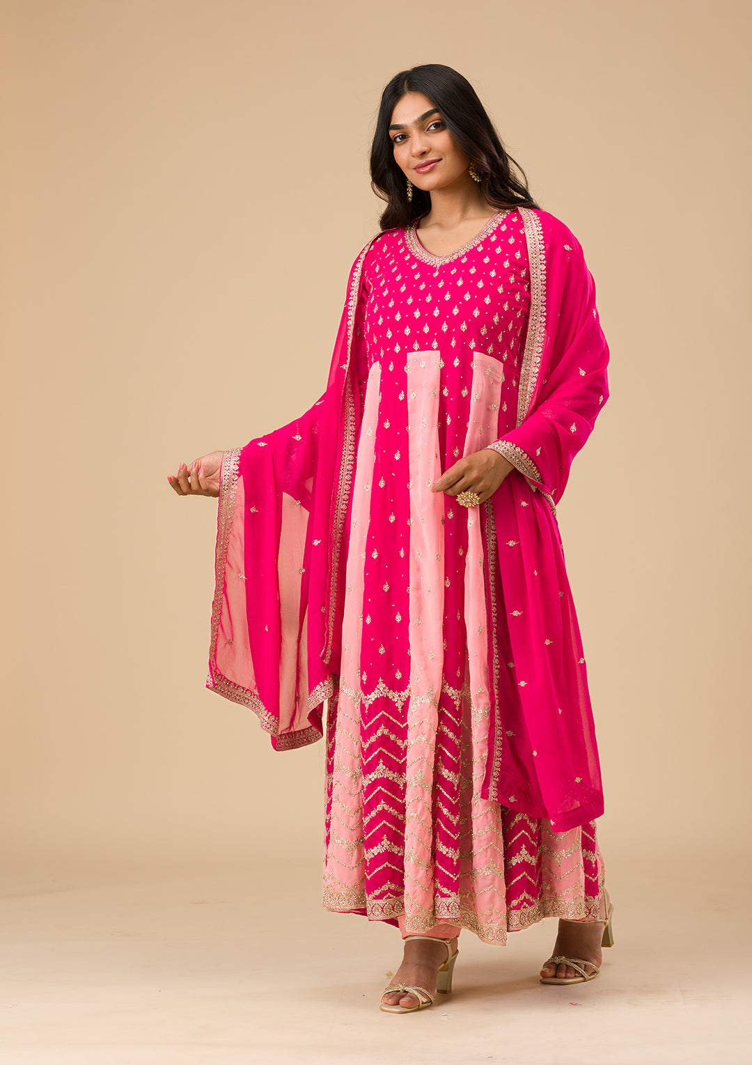 Rani Pink Silver Zariwork Georgette Readymade Salwar Suit