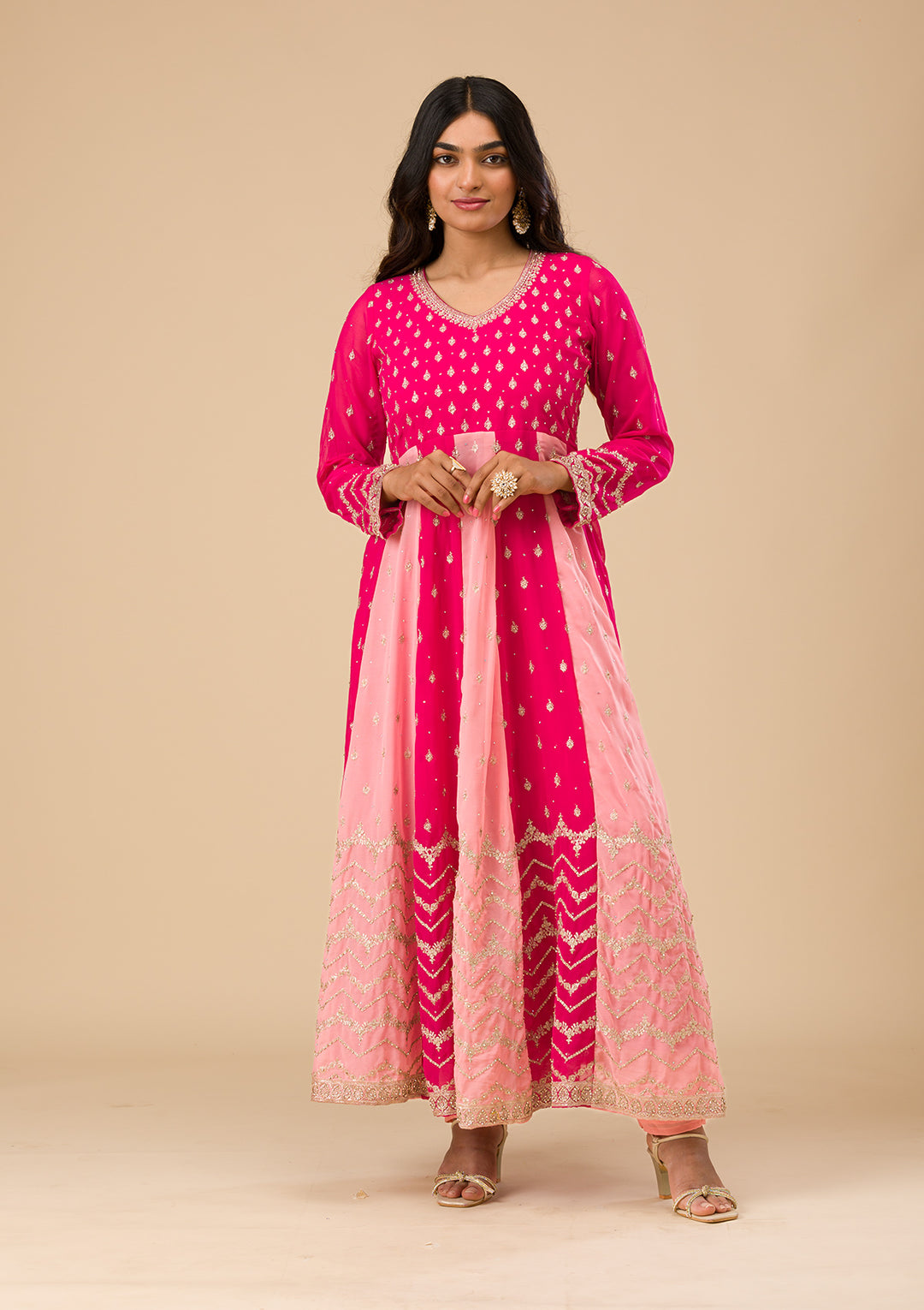 Rani Pink Silver Zariwork Georgette Readymade Salwar Suit