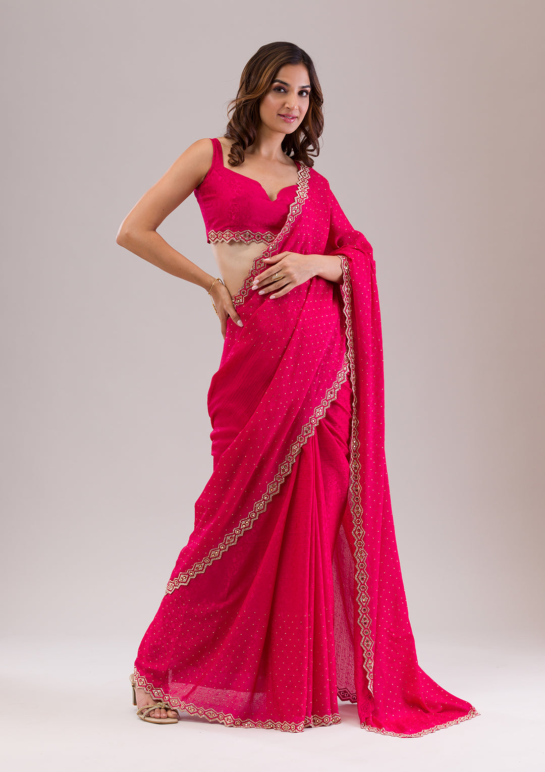 Rani Pink Crepe Mirrorwork Saree With Matching Blouse Piece