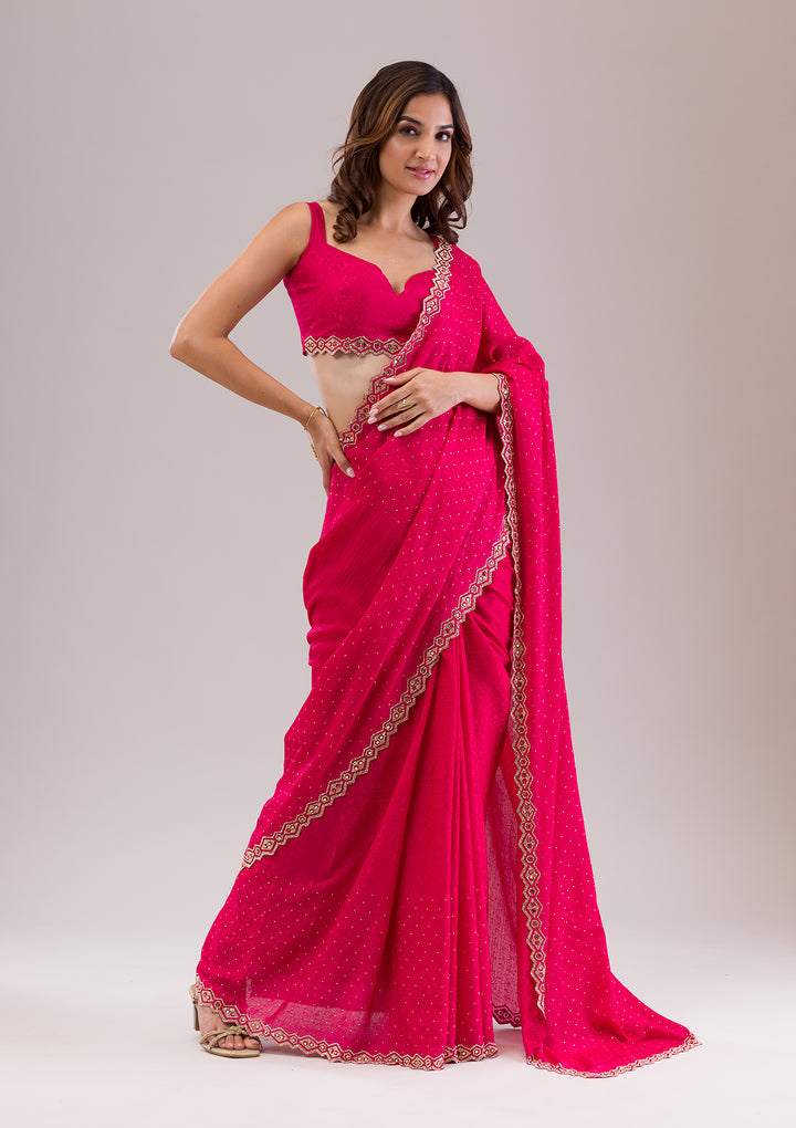 Rani Pink Crepe Mirrorwork Saree With Matching Blouse Piece