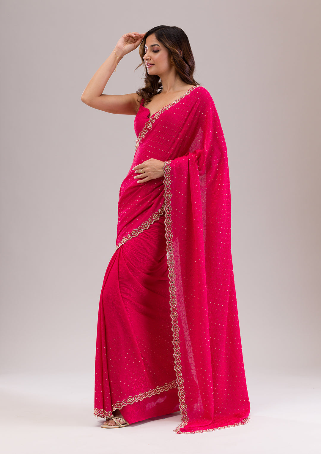 Rani Pink Crepe Mirrorwork Saree With Matching Blouse Piece