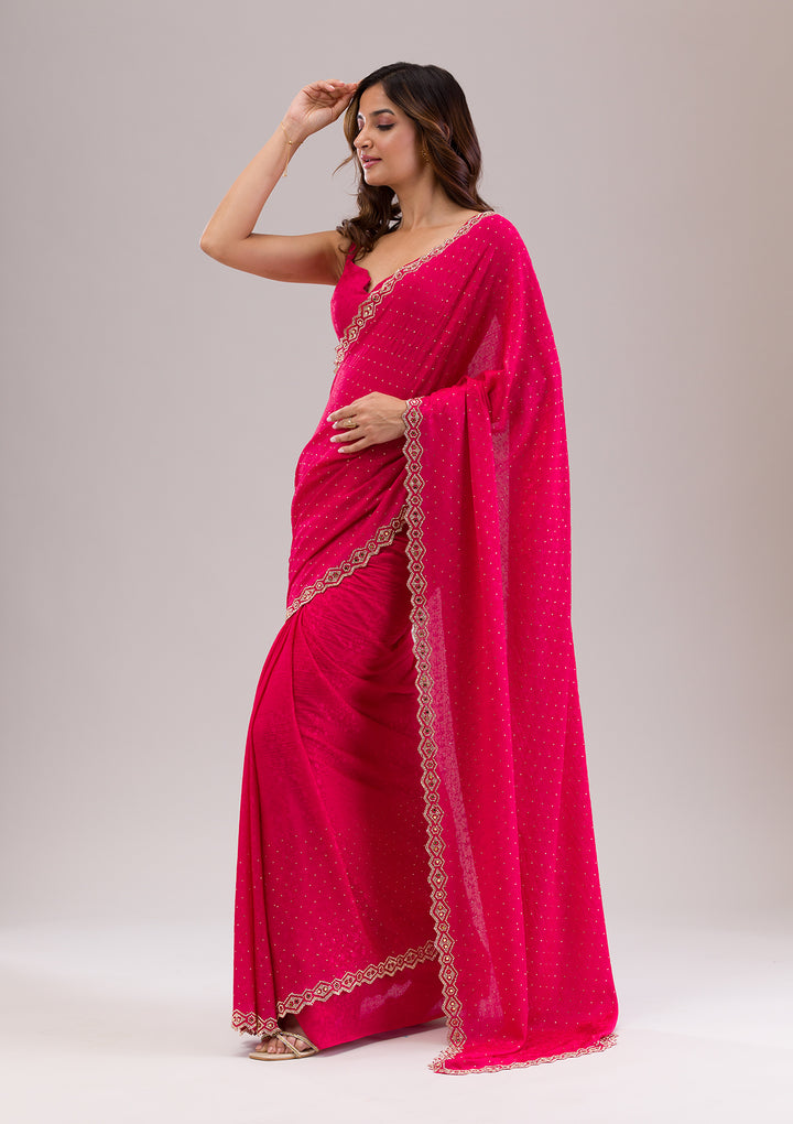 Rani Pink Crepe Mirrorwork Saree With Matching Blouse Piece