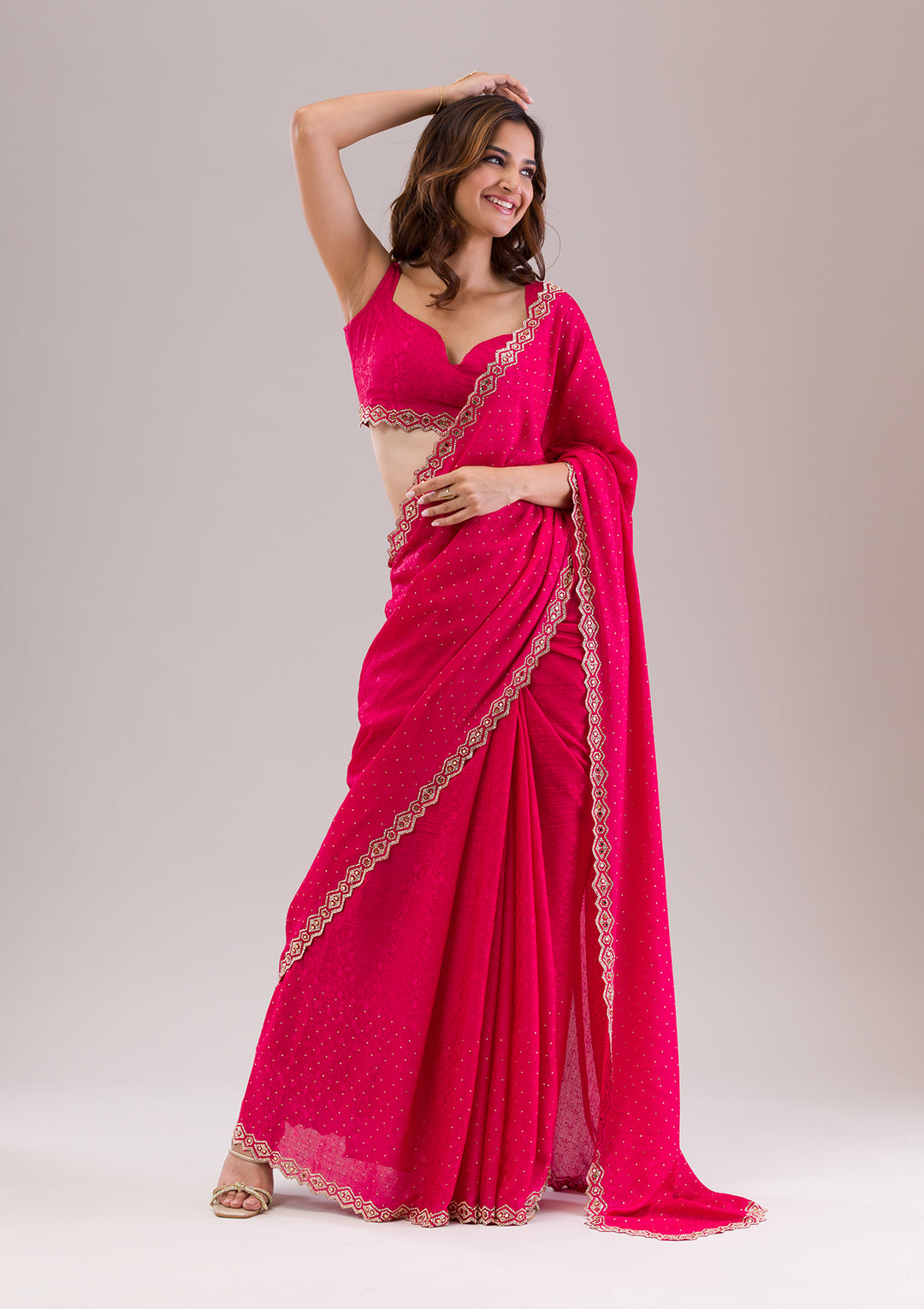 Rani Pink Crepe Mirrorwork Saree With Matching Blouse Piece
