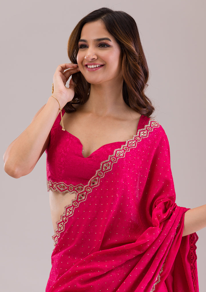 Rani Pink Crepe Mirrorwork Saree With Matching Blouse Piece