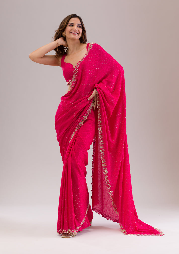 Rani Pink Crepe Mirrorwork Saree With Matching Blouse Piece