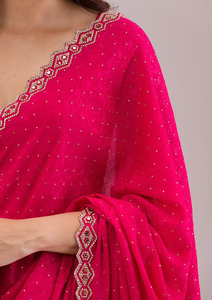 Rani Pink Crepe Mirrorwork Saree With Matching Blouse Piece