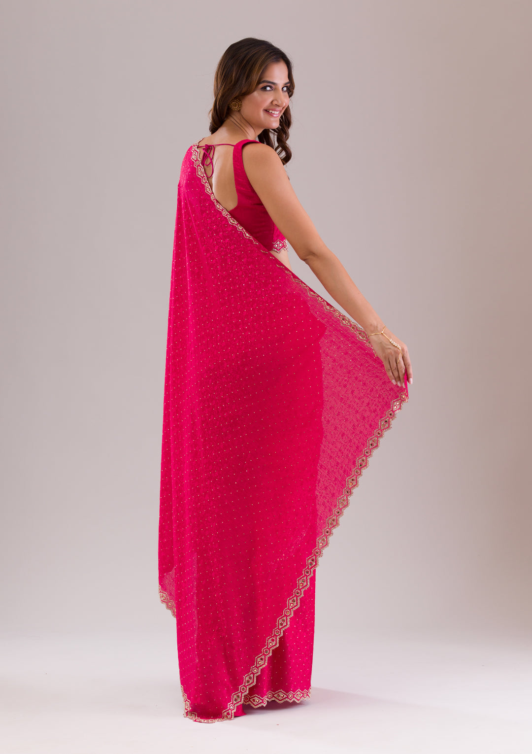 Rani Pink Crepe Mirrorwork Saree With Matching Blouse Piece