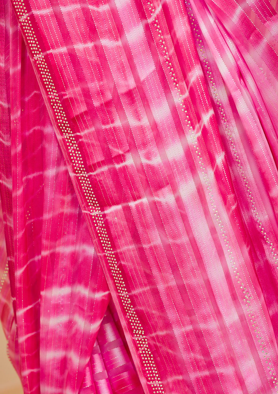 Rani Pink Satin Bandhej Swarovski Saree With Matching Blouse Piece