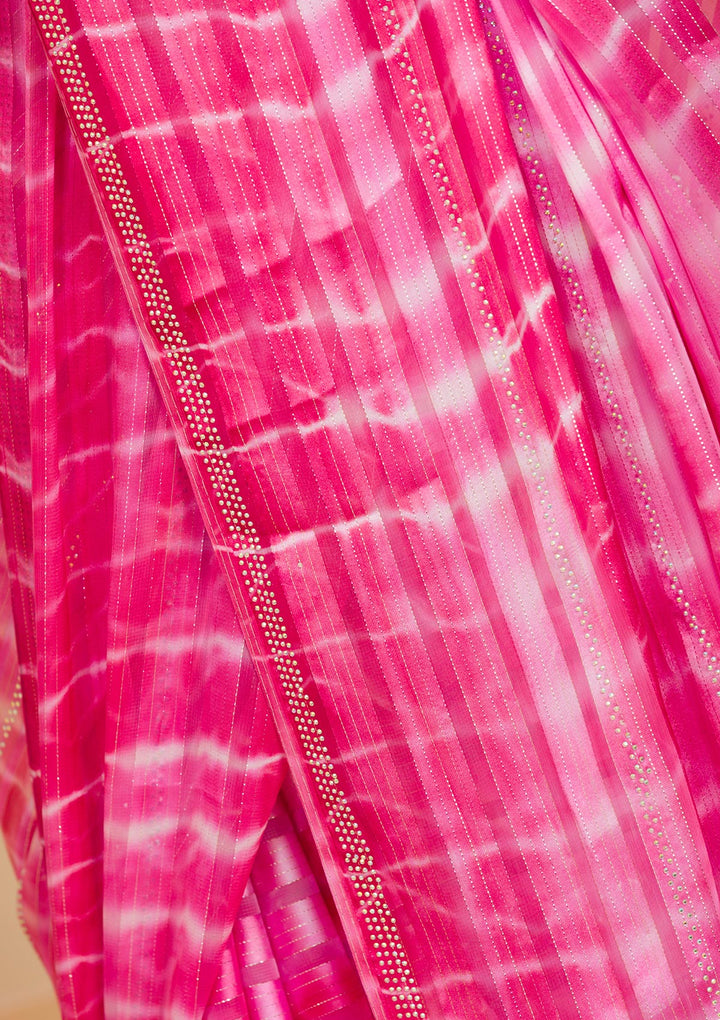 Rani Pink Satin Bandhej Swarovski Saree With Matching Blouse Piece