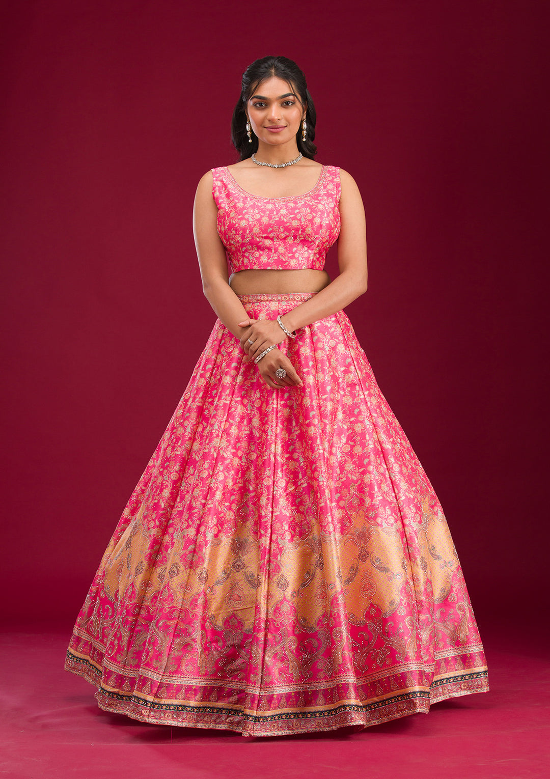 Rani Pink Swarovski Raw Silk Readymade Lehenga