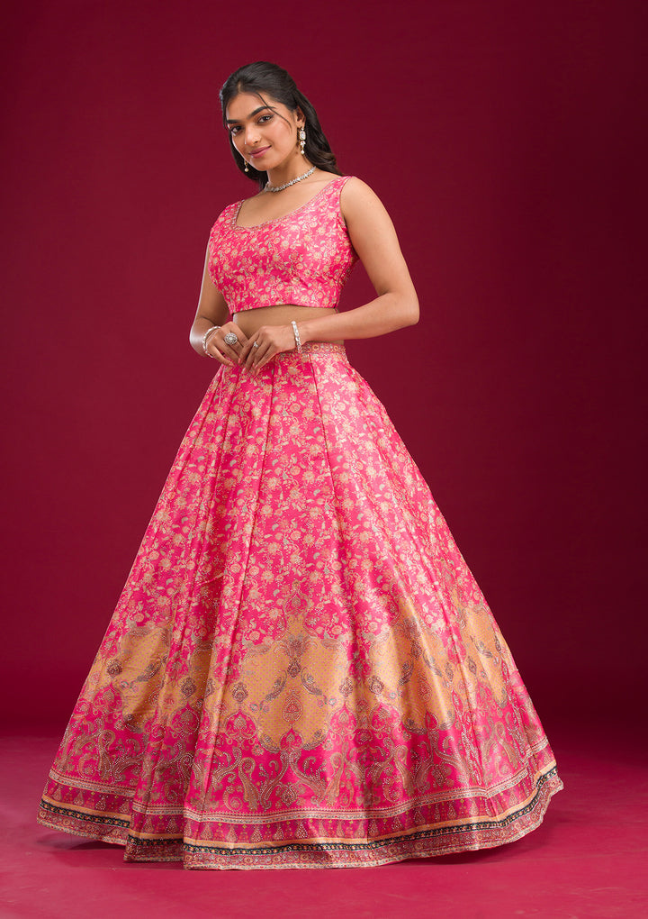 Rani Pink Swarovski Raw Silk Readymade Lehenga
