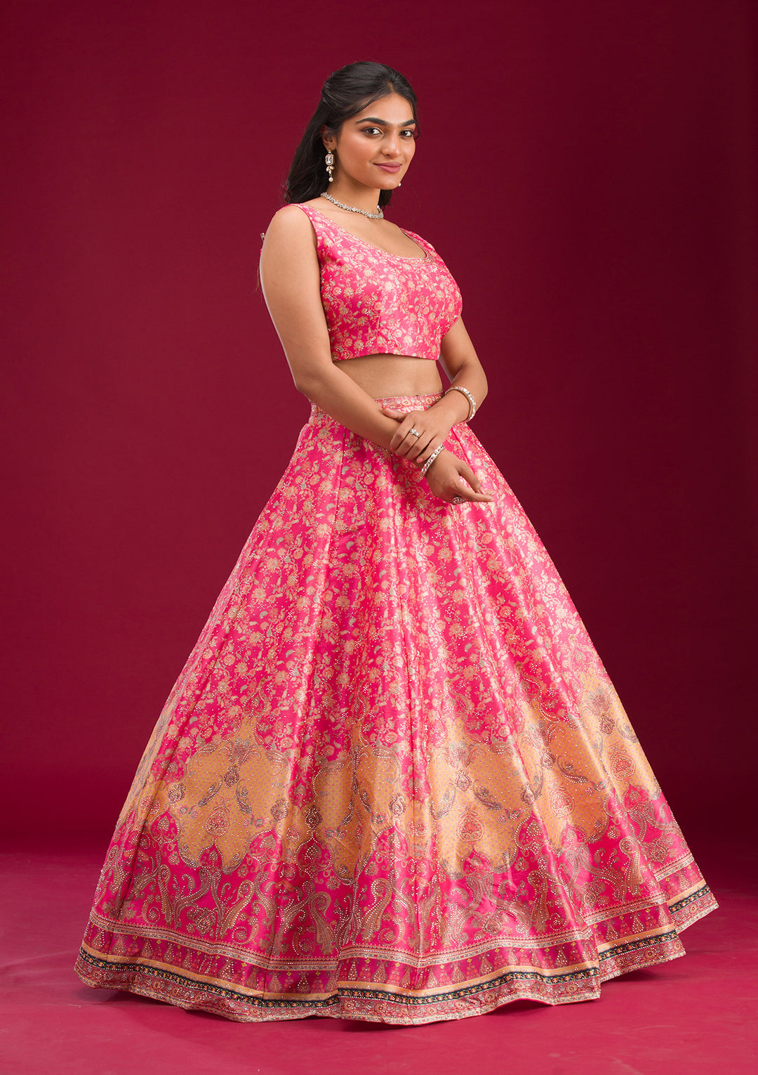 Rani Pink Swarovski Raw Silk Readymade Lehenga