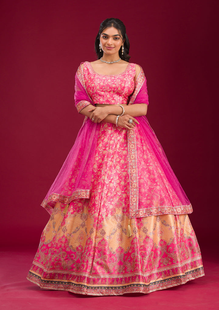 Rani Pink Swarovski Raw Silk Readymade Lehenga