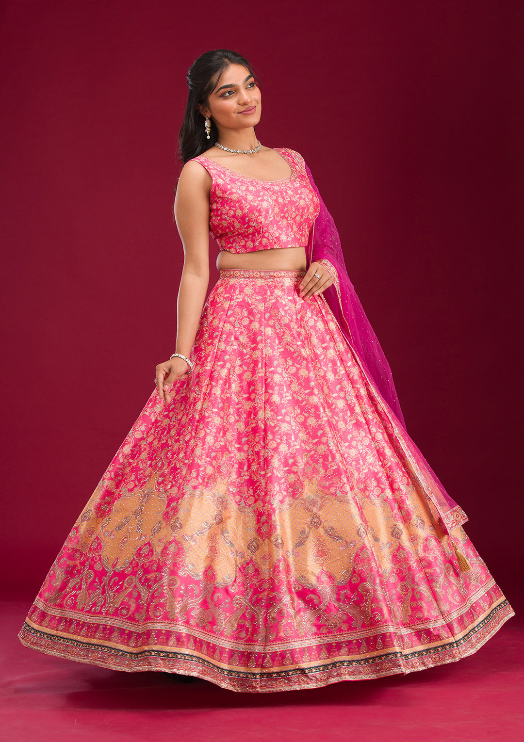 Rani Pink Swarovski Raw Silk Readymade Lehenga