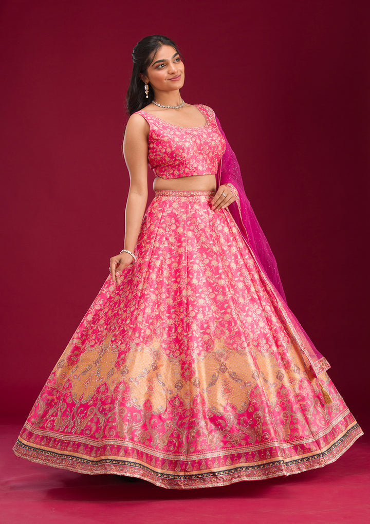 Rani Pink Swarovski Raw Silk Readymade Lehenga