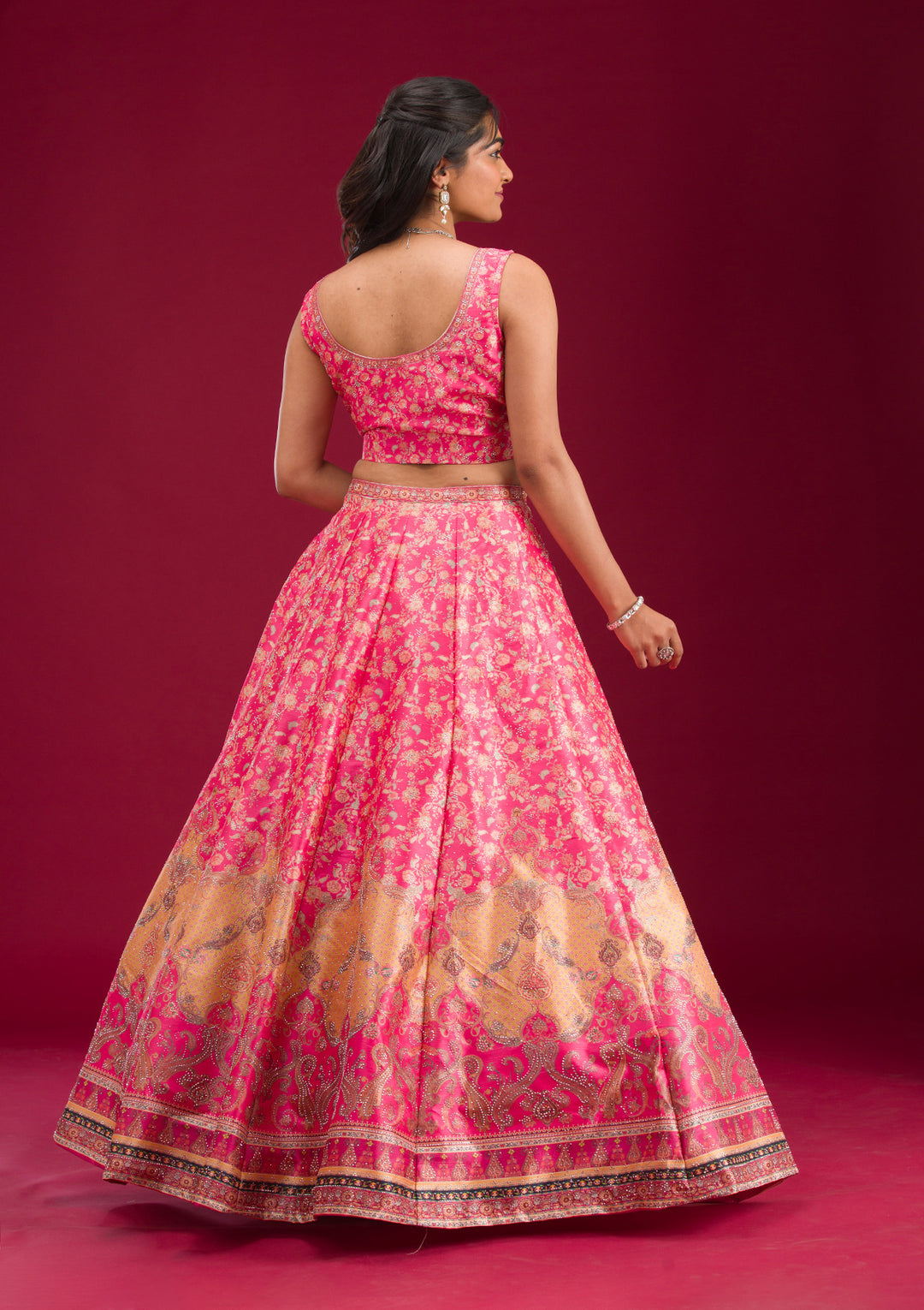 Rani Pink Swarovski Raw Silk Readymade Lehenga