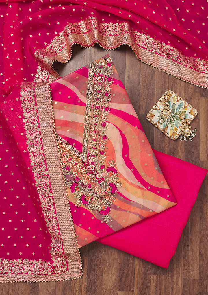 Rani Pink Multi Organza Abstract Geometric Threadwork Unstitched Dress Material With Matching Bottom And Dupatta