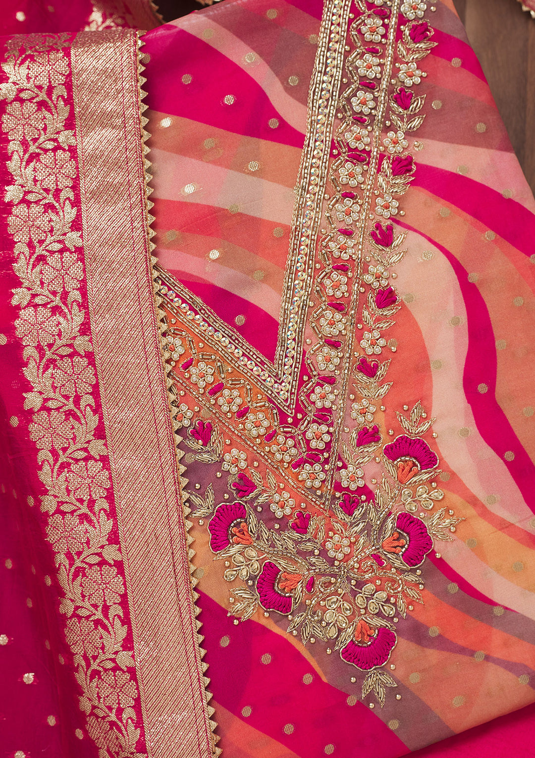 Rani Pink Multi Organza Abstract Geometric Threadwork Unstitched Dress Material With Matching Bottom And Dupatta