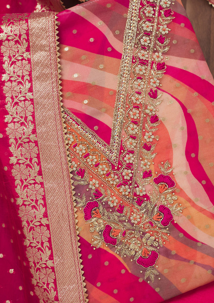 Rani Pink Multi Organza Abstract Geometric Threadwork Unstitched Dress Material With Matching Bottom And Dupatta