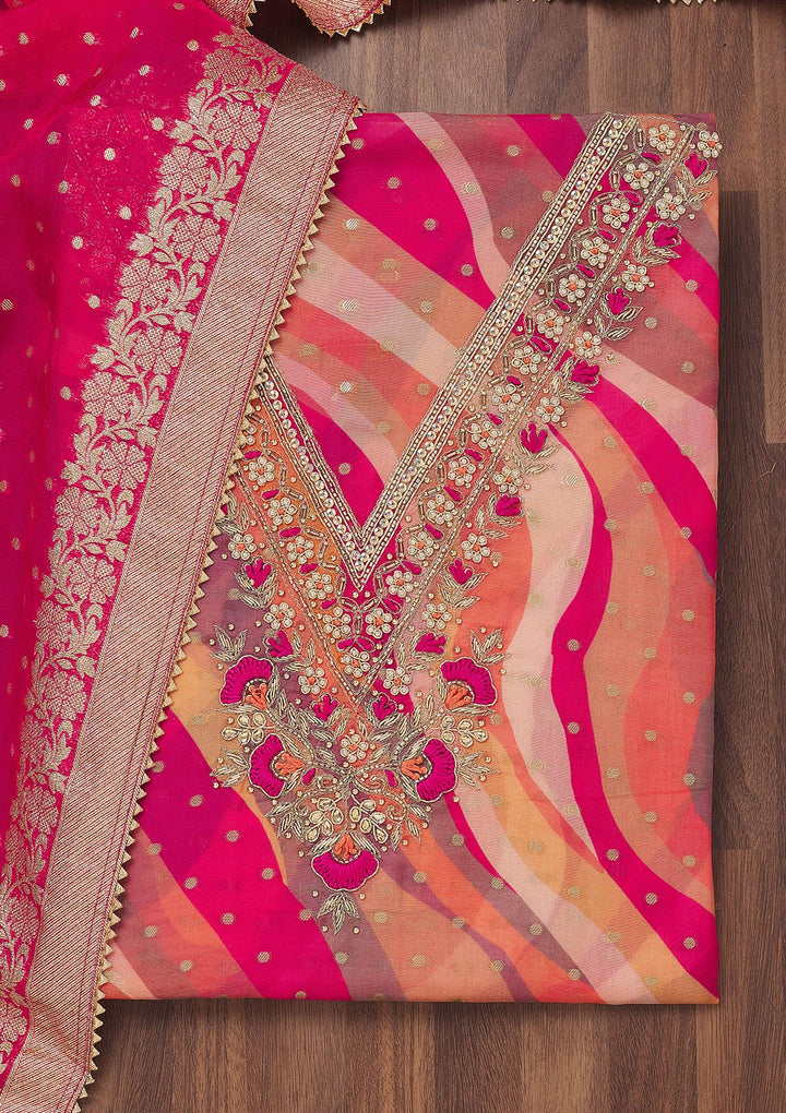 Rani Pink Multi Organza Abstract Geometric Threadwork Unstitched Dress Material With Matching Bottom And Dupatta