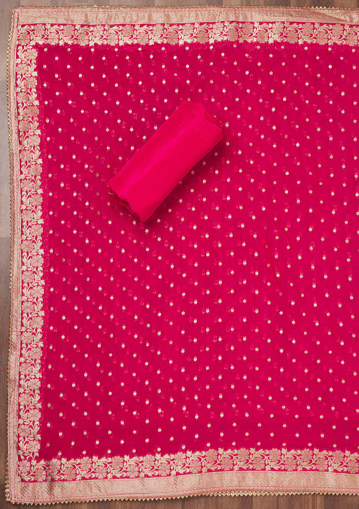 Rani Pink Multi Organza Abstract Geometric Threadwork Unstitched Dress Material With Matching Bottom And Dupatta